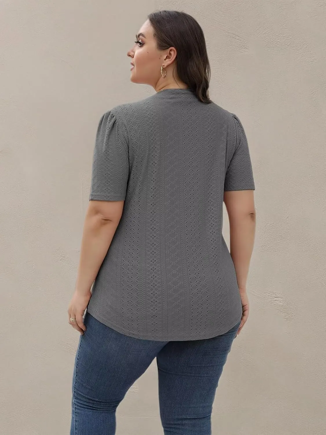 DOLNINE Womens-Plus-Size-Tops Casual Puff Short Sleeve Crewneck Eyelet Tunic Shirts XL-5XL