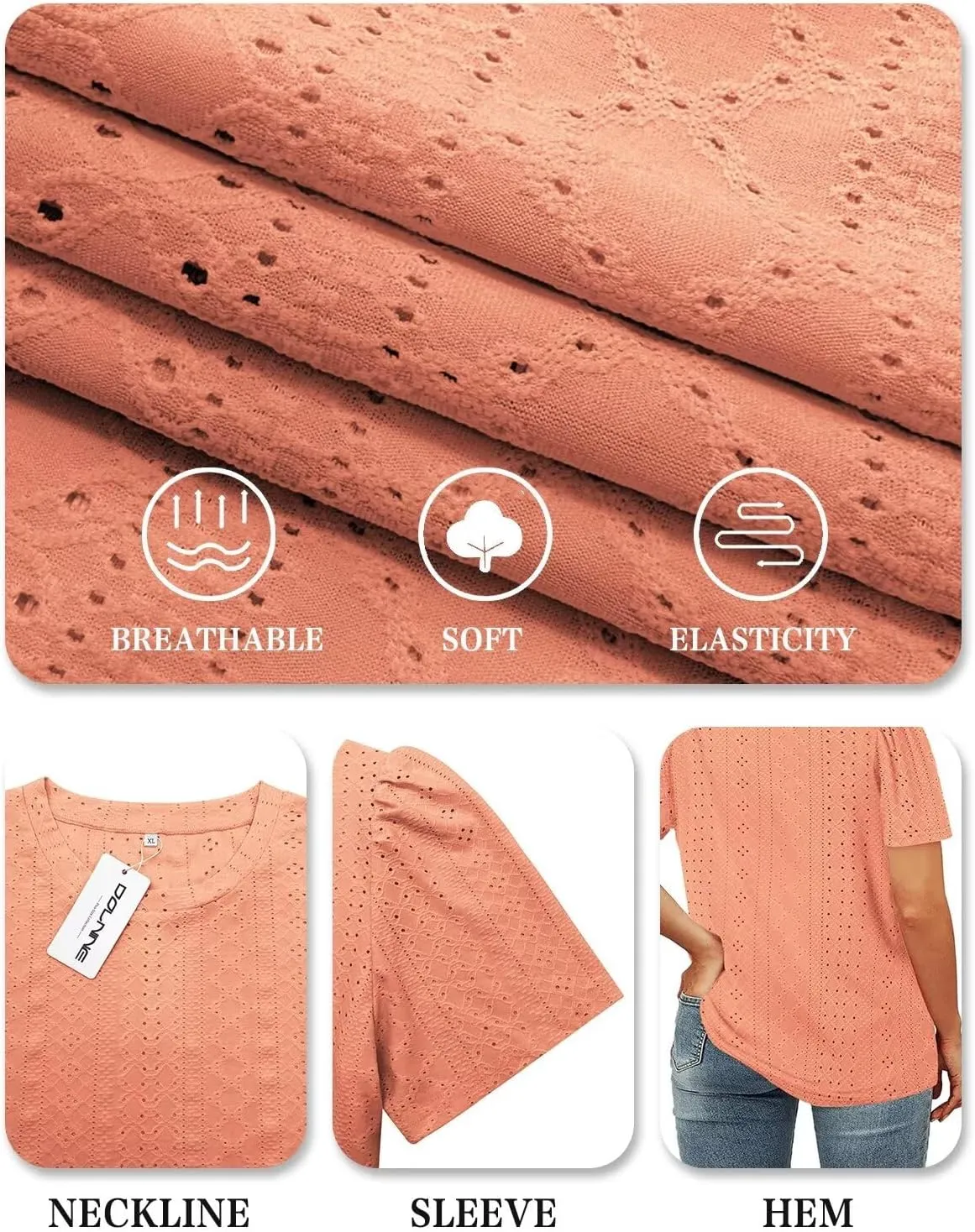 DOLNINE Womens-Plus-Size-Tops Casual Puff Short Sleeve Crewneck Eyelet Tunic Shirts XL-5XL