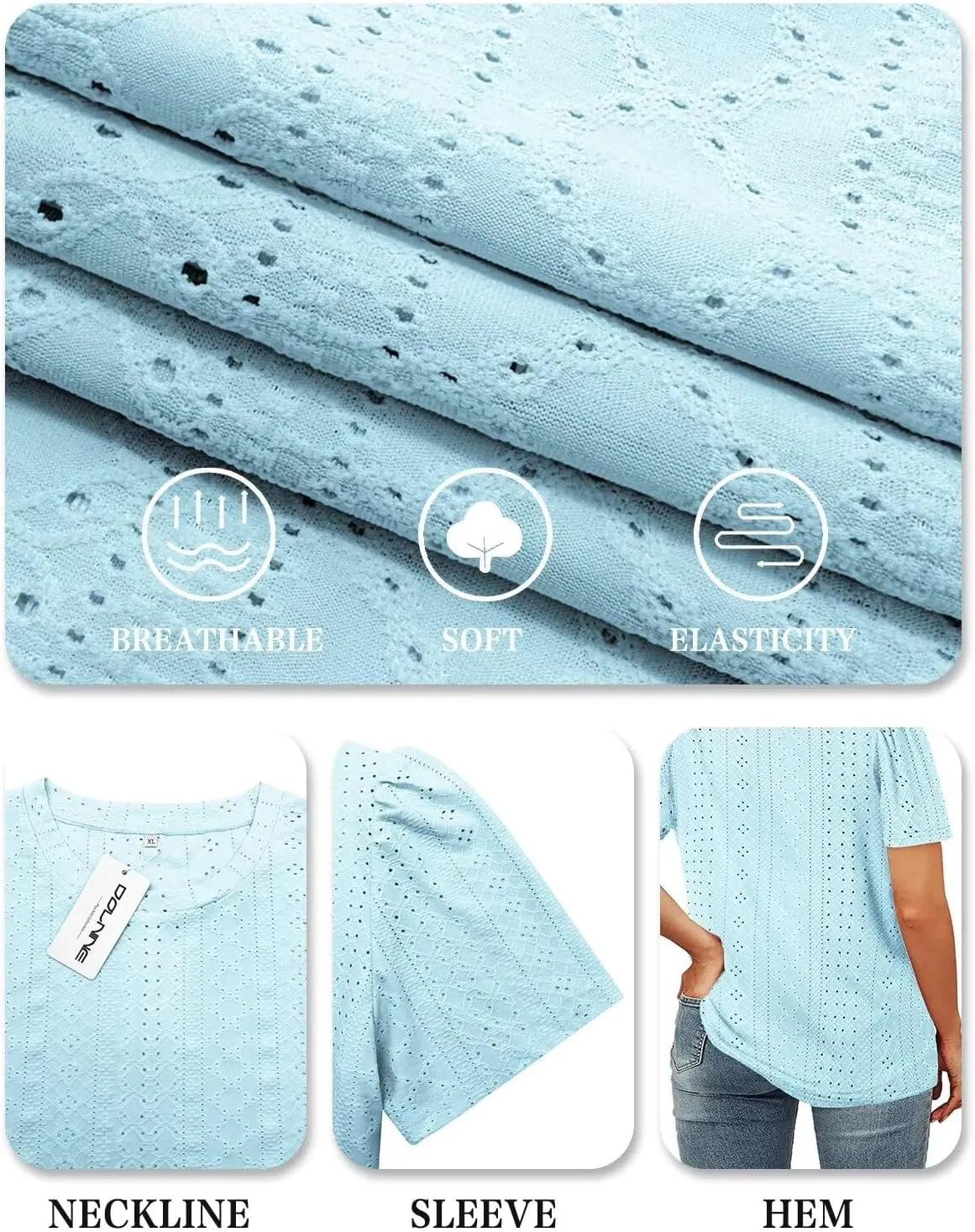 DOLNINE Womens-Plus-Size-Tops Casual Puff Short Sleeve Crewneck Eyelet Tunic Shirts XL-5XL