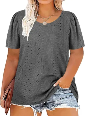 DOLNINE Womens-Plus-Size-Tops Casual Puff Short Sleeve Crewneck Eyelet Tunic Shirts XL-5XL