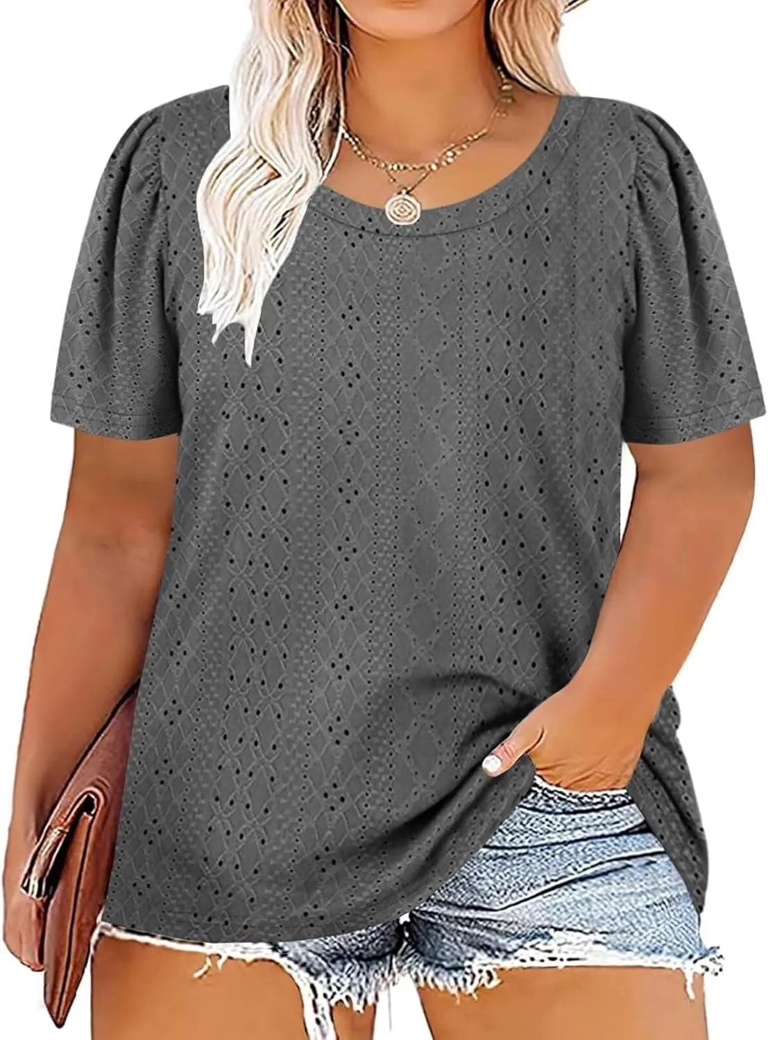 DOLNINE Womens-Plus-Size-Tops Casual Puff Short Sleeve Crewneck Eyelet Tunic Shirts XL-5XL