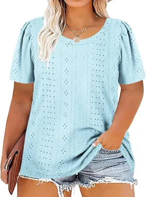 DOLNINE Womens-Plus-Size-Tops Casual Puff Short Sleeve Crewneck Eyelet Tunic Shirts XL-5XL