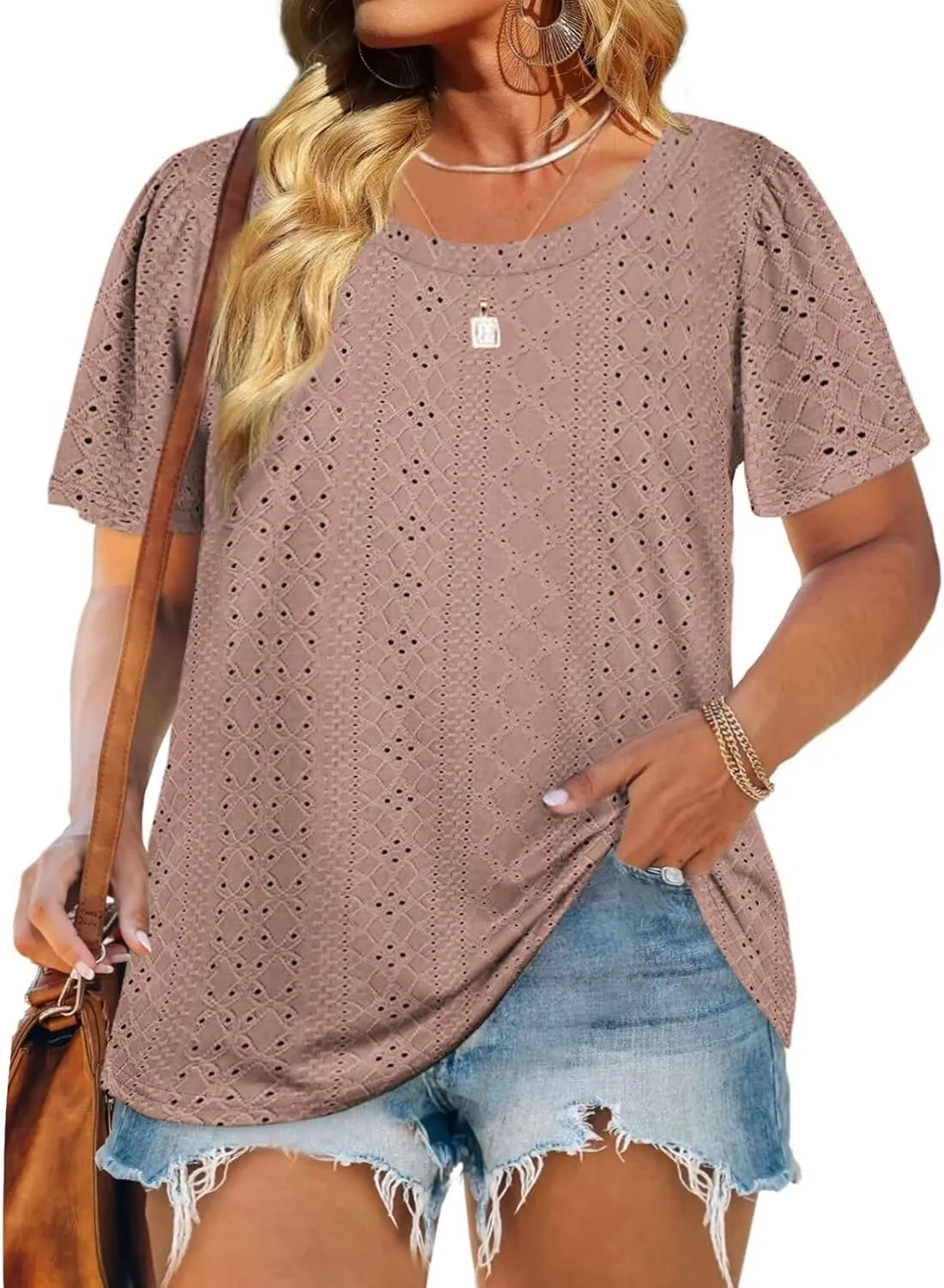 DOLNINE Womens-Plus-Size-Tops Casual Puff Short Sleeve Crewneck Eyelet Tunic Shirts XL-5XL