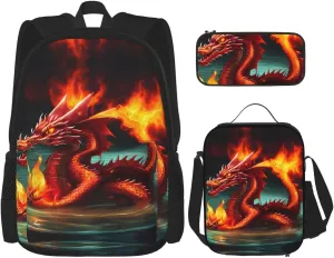 Dragon King in Fire Large capacity durable school bag   pencil case   lunch bag, accompany your children to study happily every day