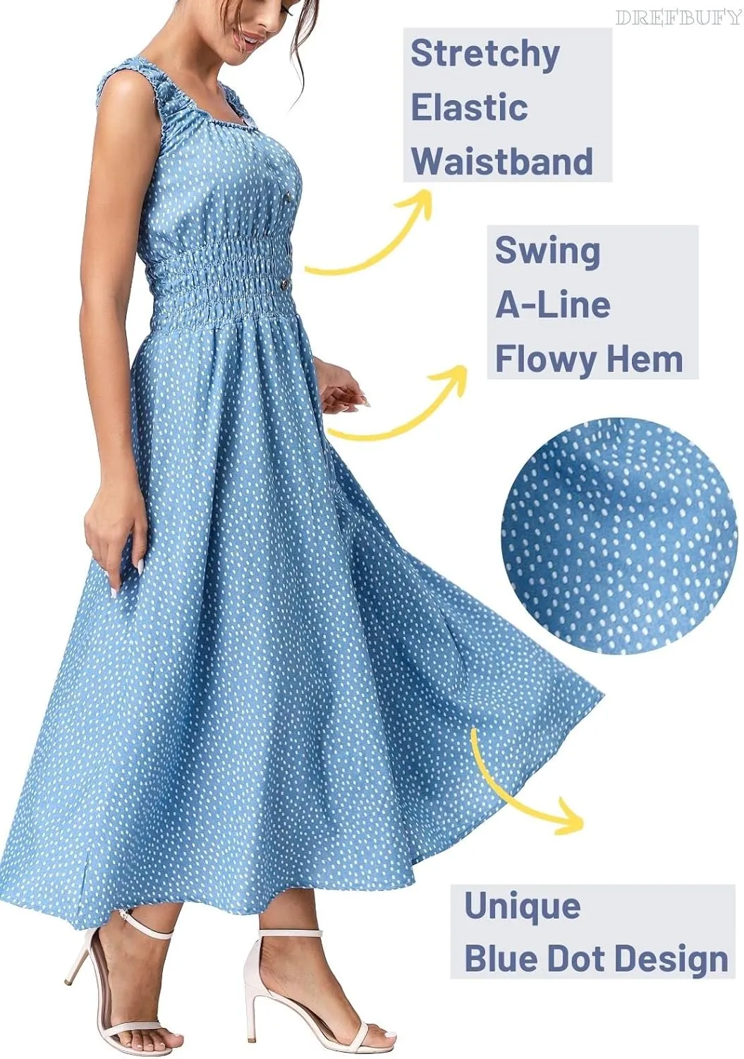 DREFBUFY Women's Maxi Dress Sleeveless Denim Long Summer A-line Casual Blue Cotton Boho Flowy Sundresses for Women
