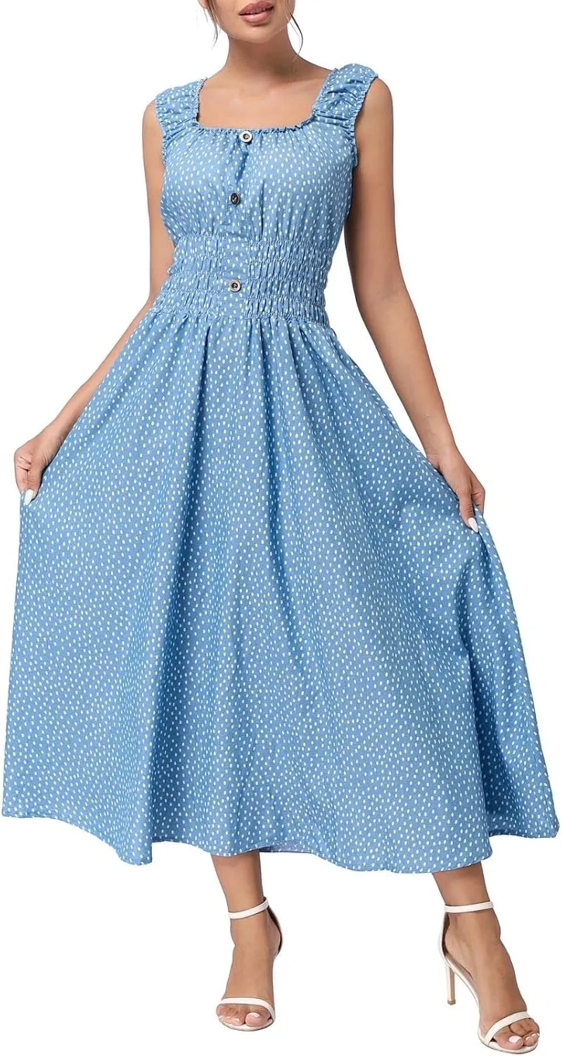 DREFBUFY Women's Maxi Dress Sleeveless Denim Long Summer A-line Casual Blue Cotton Boho Flowy Sundresses for Women