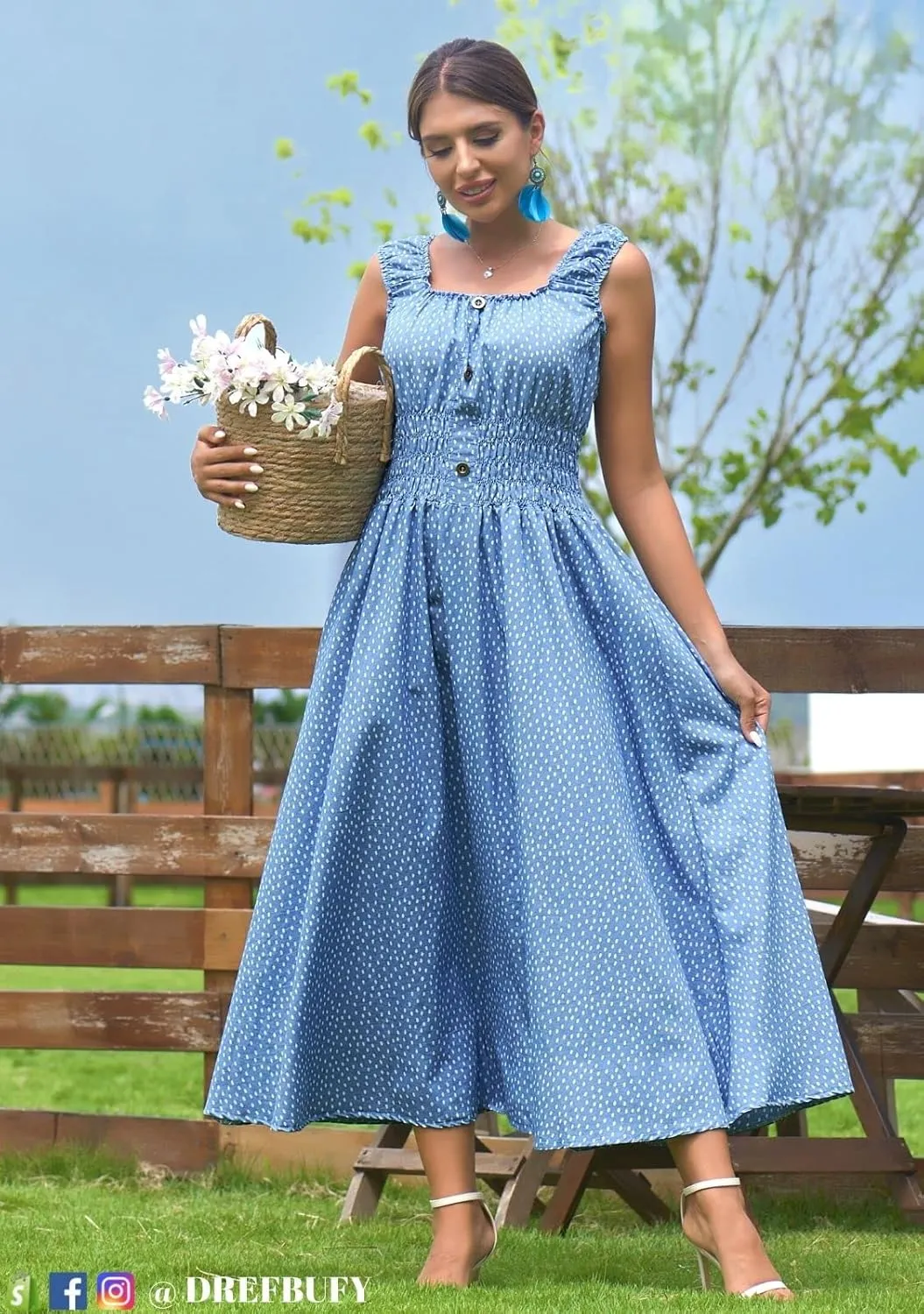 DREFBUFY Women's Maxi Dress Sleeveless Denim Long Summer A-line Casual Blue Cotton Boho Flowy Sundresses for Women