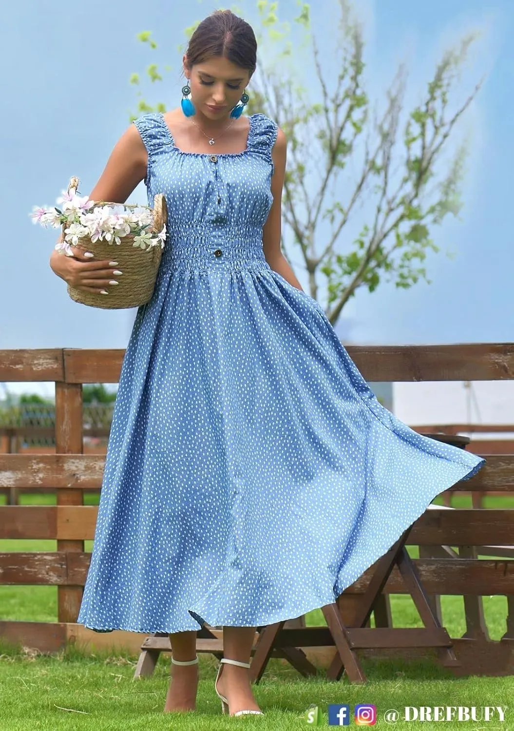 DREFBUFY Women's Maxi Dress Sleeveless Denim Long Summer A-line Casual Blue Cotton Boho Flowy Sundresses for Women