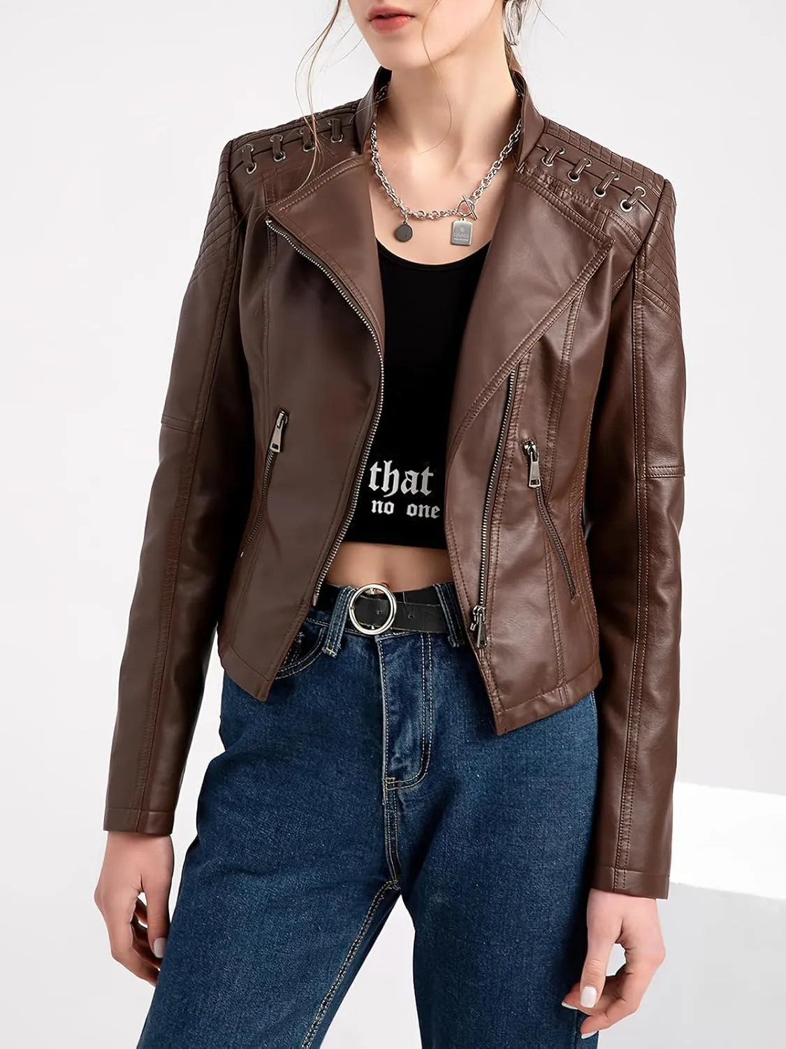 ebossy Women's Faux Leather Zipper Up Long Sleeve Slim Cropped Motorcycle Jacket Outwear