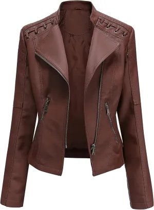 ebossy Women's Faux Leather Zipper Up Long Sleeve Slim Cropped Motorcycle Jacket Outwear
