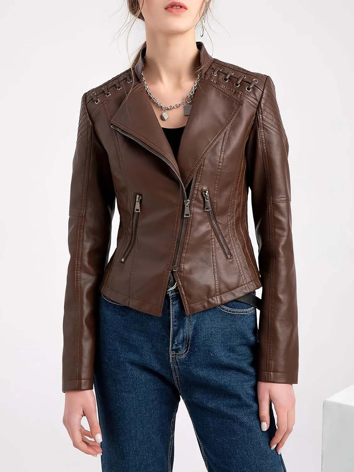 ebossy Women's Faux Leather Zipper Up Long Sleeve Slim Cropped Motorcycle Jacket Outwear