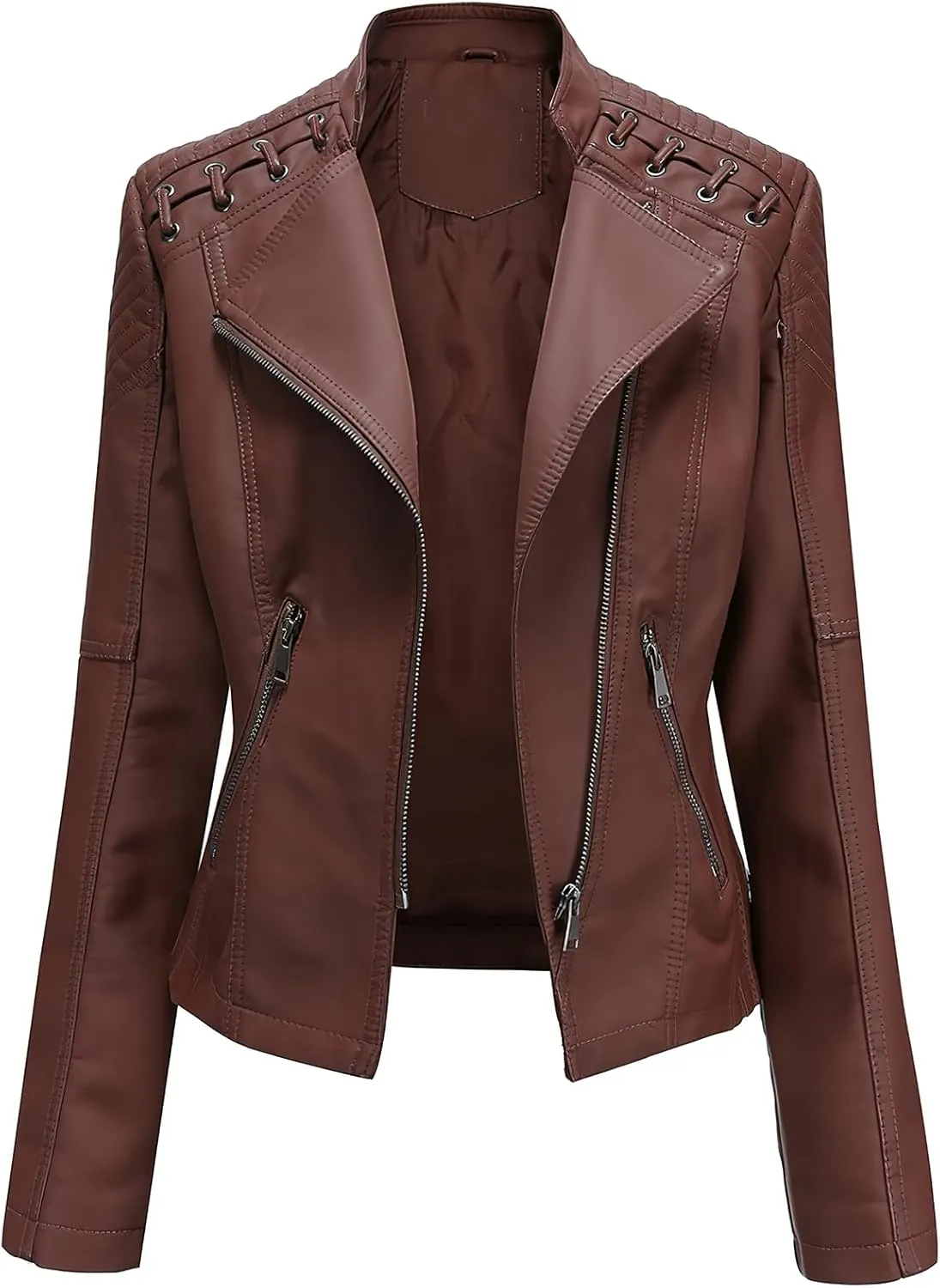 ebossy Women's Faux Leather Zipper Up Long Sleeve Slim Cropped Motorcycle Jacket Outwear