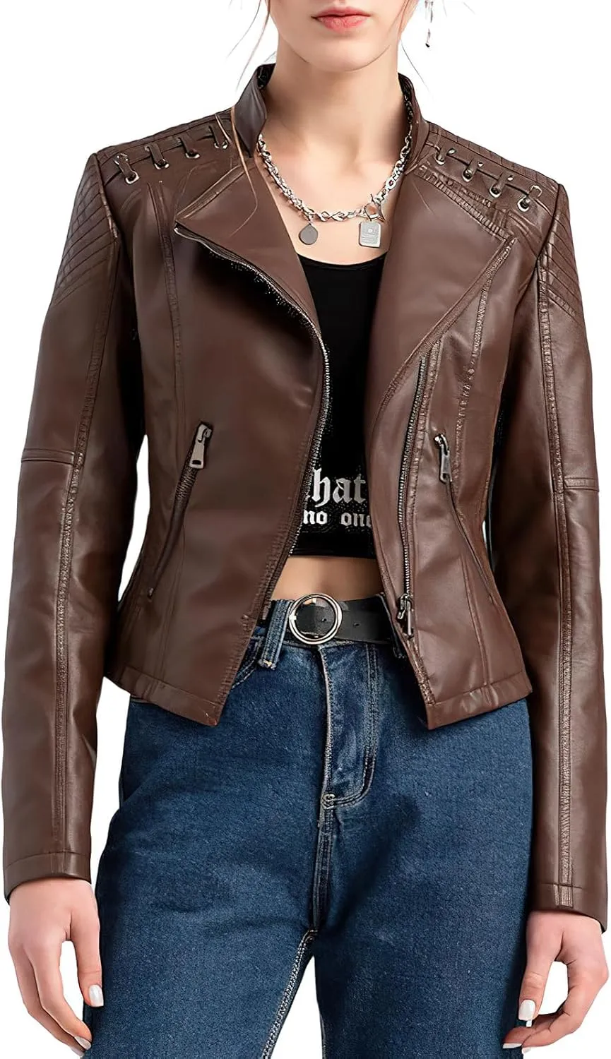 ebossy Women's Faux Leather Zipper Up Long Sleeve Slim Cropped Motorcycle Jacket Outwear