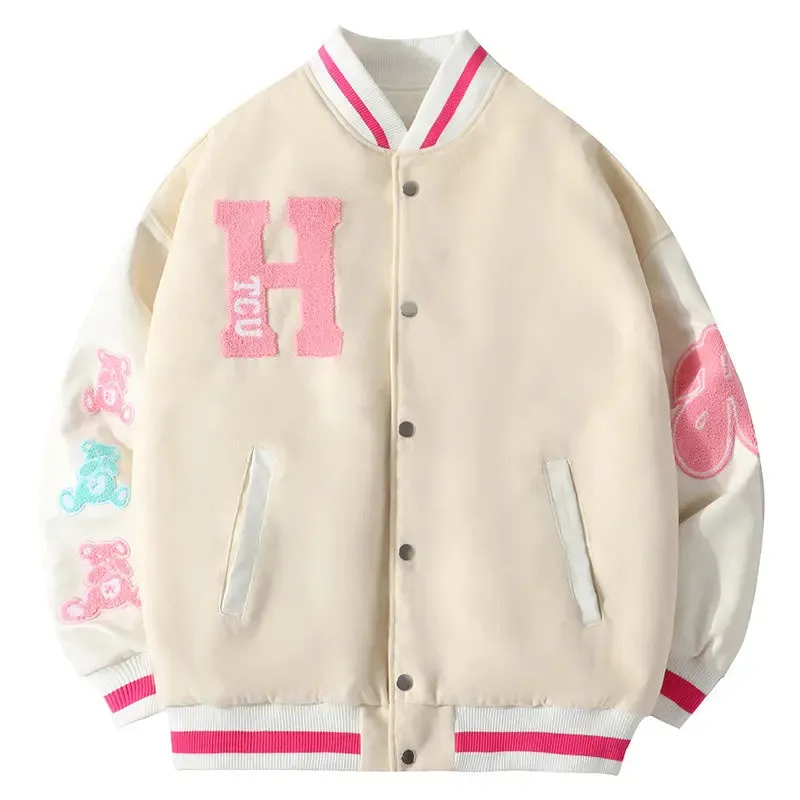 Embroidered Bear Casual Baseball Jacket