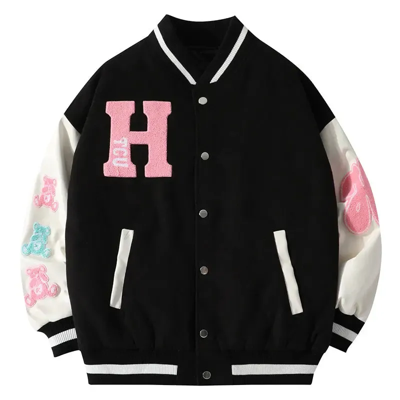 Embroidered Bear Casual Baseball Jacket