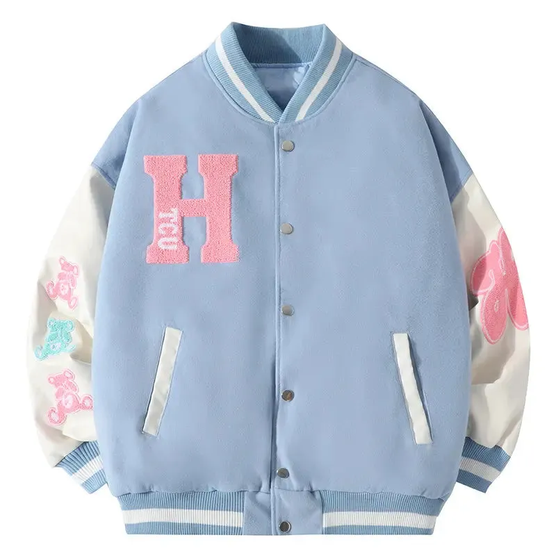 Embroidered Bear Casual Baseball Jacket