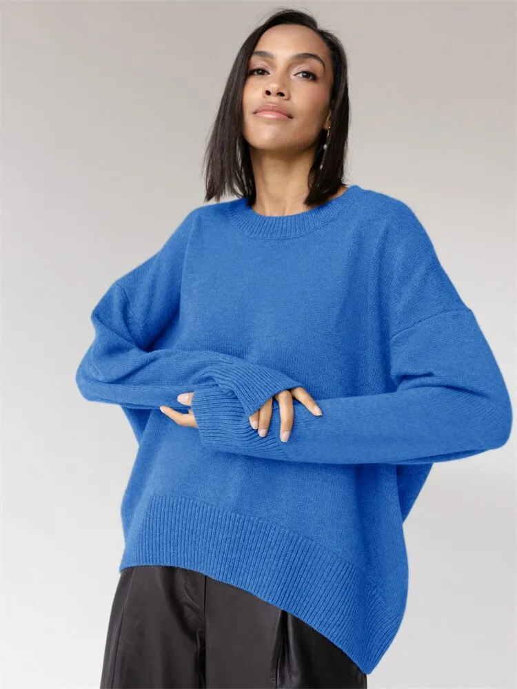 Fashionkova Autumn Winter Knit Women Sweater Top Long Batwing Sleeve O-Neck Loose Thick Solid Pullovers High Quality Casual Women Sweater