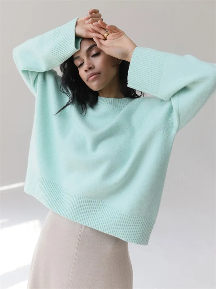 Fashionkova Autumn Winter Knit Women Sweater Top Long Batwing Sleeve O-Neck Loose Thick Solid Pullovers High Quality Casual Women Sweater