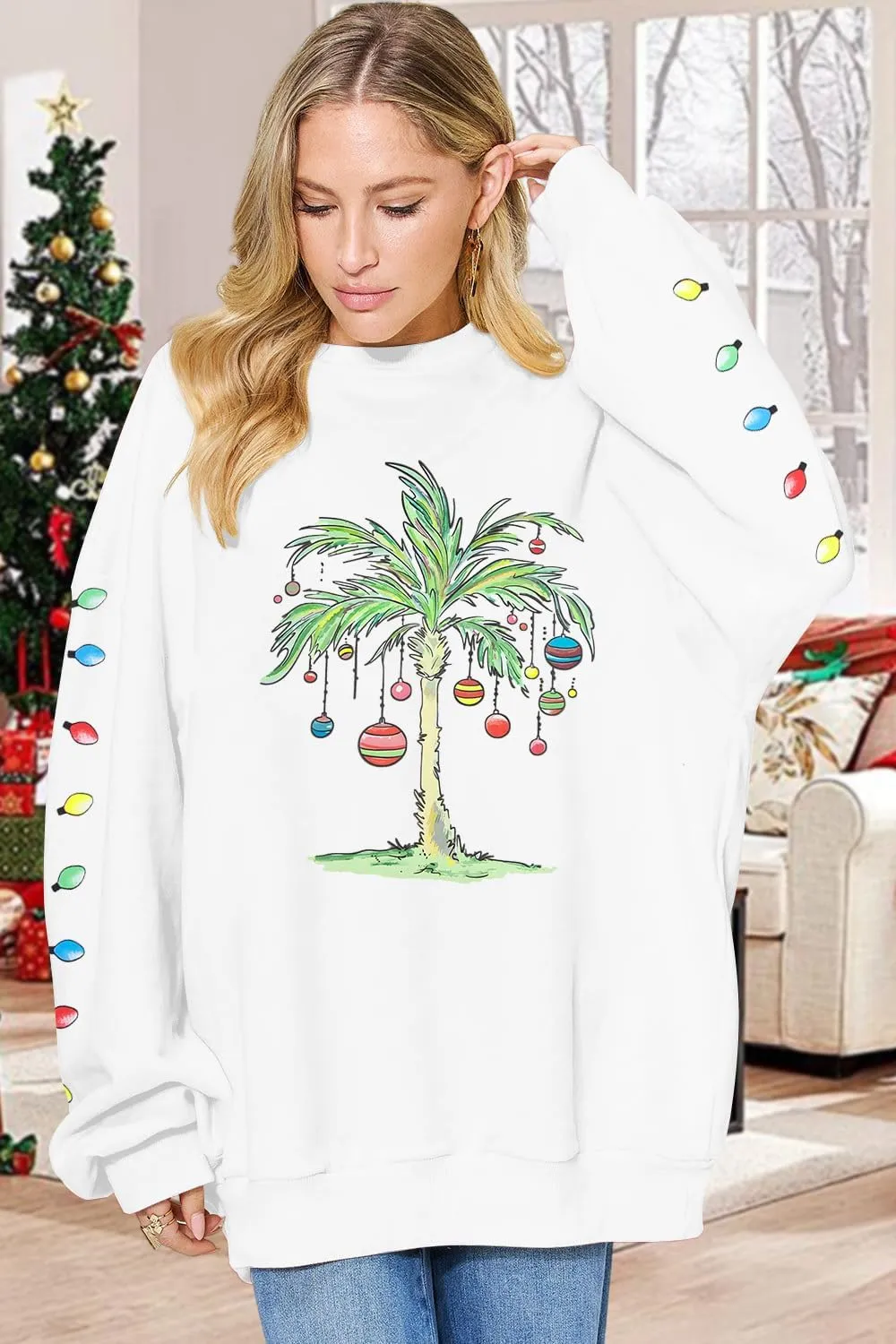 FAYALEQ Christmas Oversized Sweatshirts Women Christmas Palm tree Long Sleeve Shirt Xmas Beach Tropical Crewneck pullover
