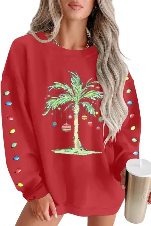 FAYALEQ Christmas Oversized Sweatshirts Women Christmas Palm tree Long Sleeve Shirt Xmas Beach Tropical Crewneck pullover