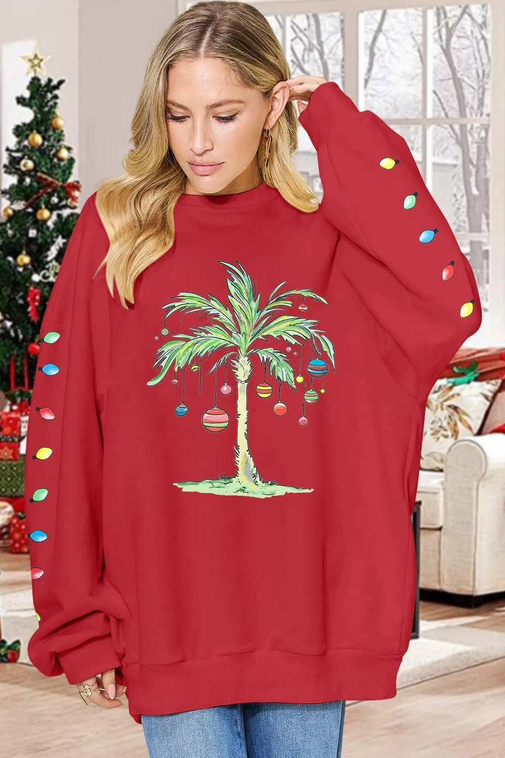 FAYALEQ Christmas Oversized Sweatshirts Women Christmas Palm tree Long Sleeve Shirt Xmas Beach Tropical Crewneck pullover