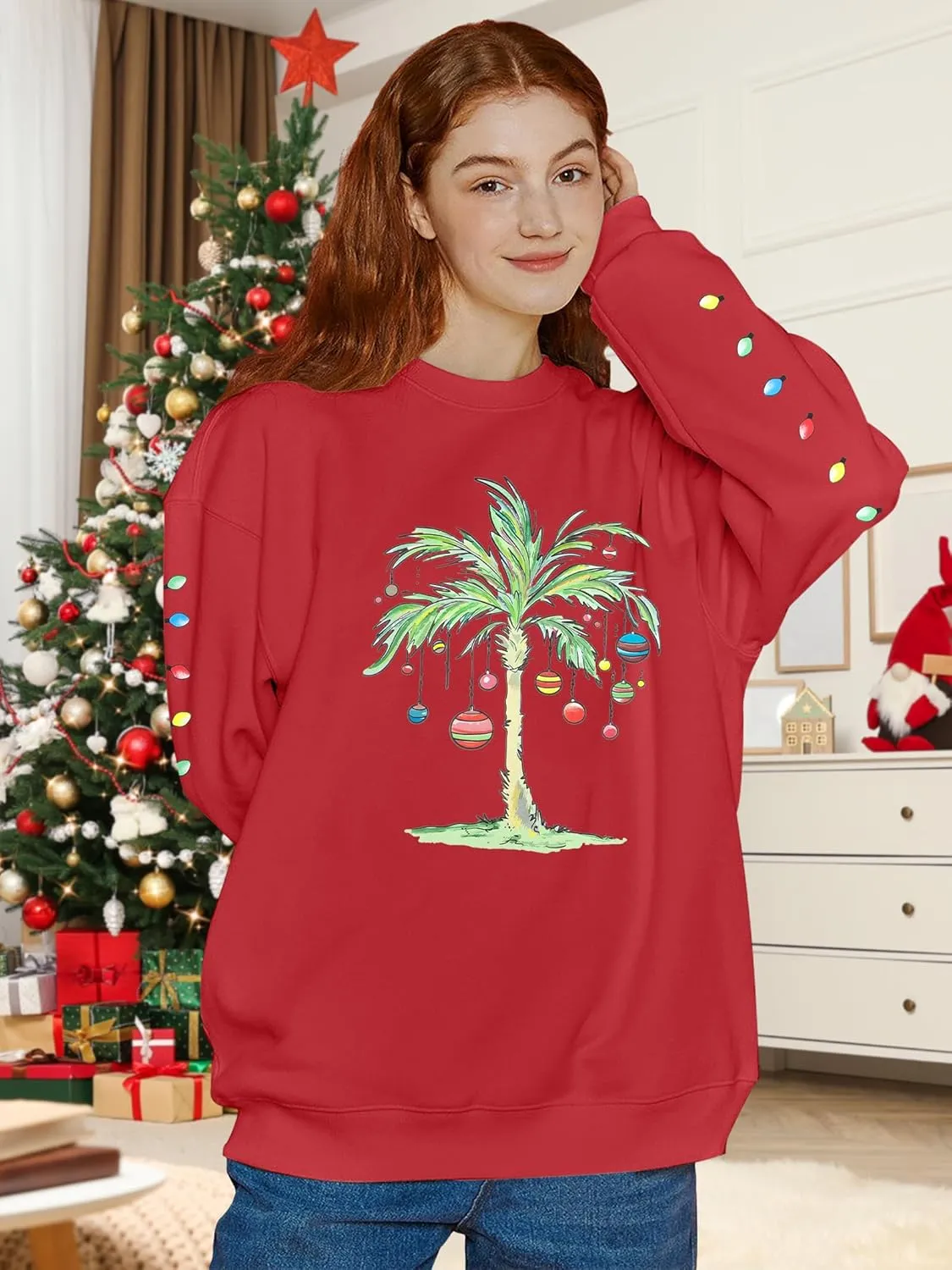 FAYALEQ Christmas Oversized Sweatshirts Women Christmas Palm tree Long Sleeve Shirt Xmas Beach Tropical Crewneck pullover