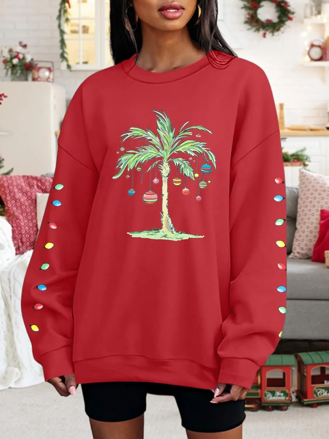 FAYALEQ Christmas Oversized Sweatshirts Women Christmas Palm tree Long Sleeve Shirt Xmas Beach Tropical Crewneck pullover