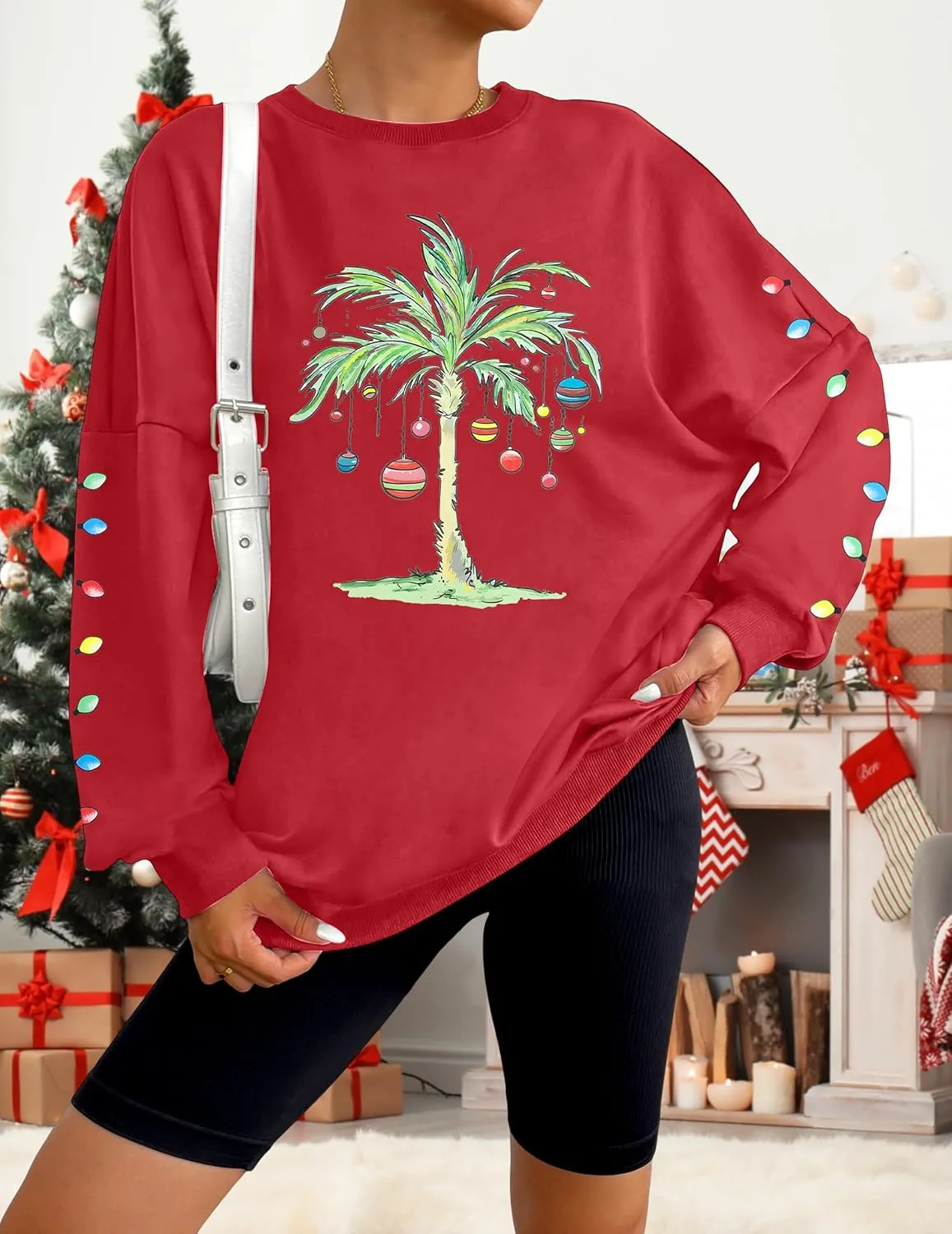 FAYALEQ Christmas Oversized Sweatshirts Women Christmas Palm tree Long Sleeve Shirt Xmas Beach Tropical Crewneck pullover