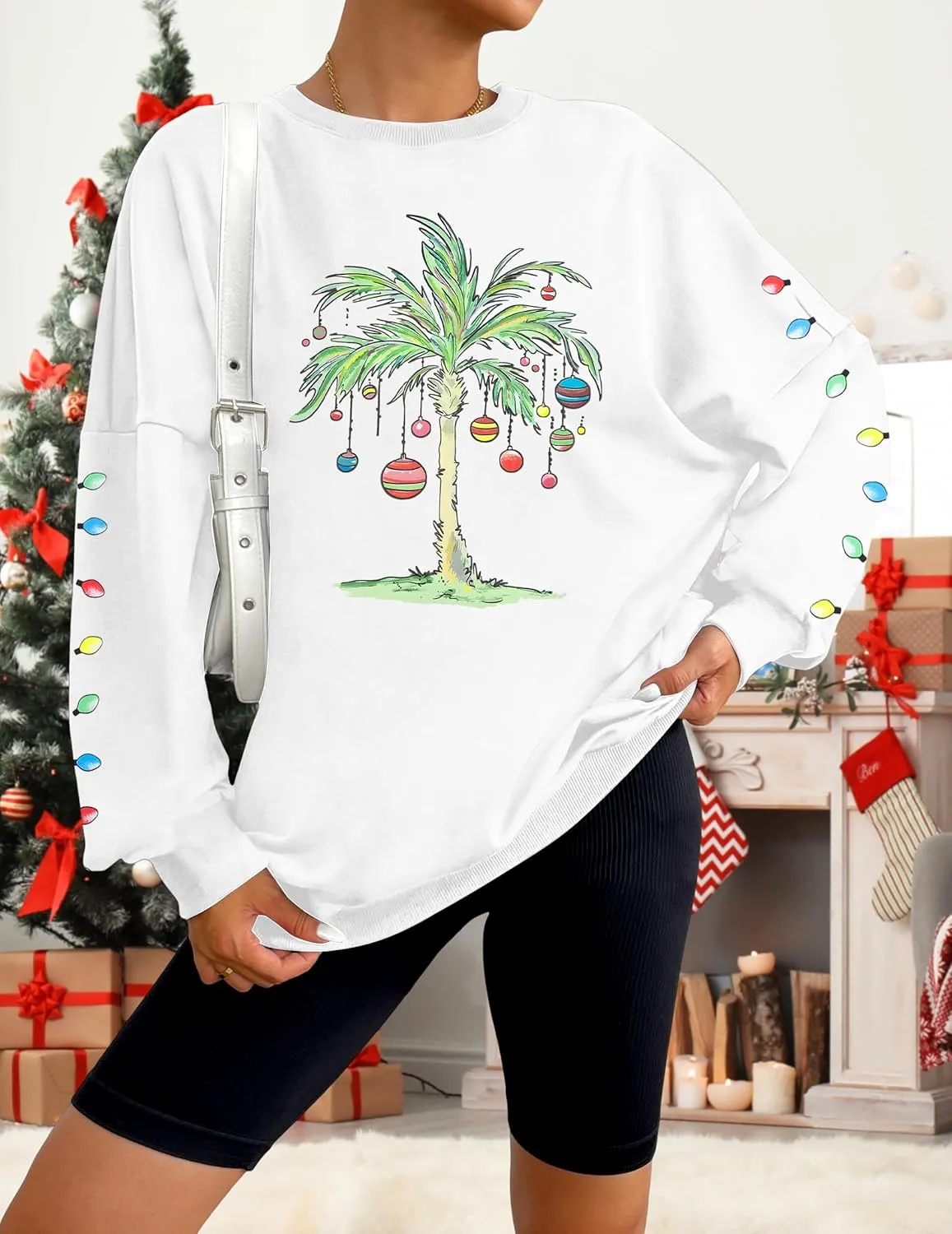 FAYALEQ Christmas Oversized Sweatshirts Women Christmas Palm tree Long Sleeve Shirt Xmas Beach Tropical Crewneck pullover