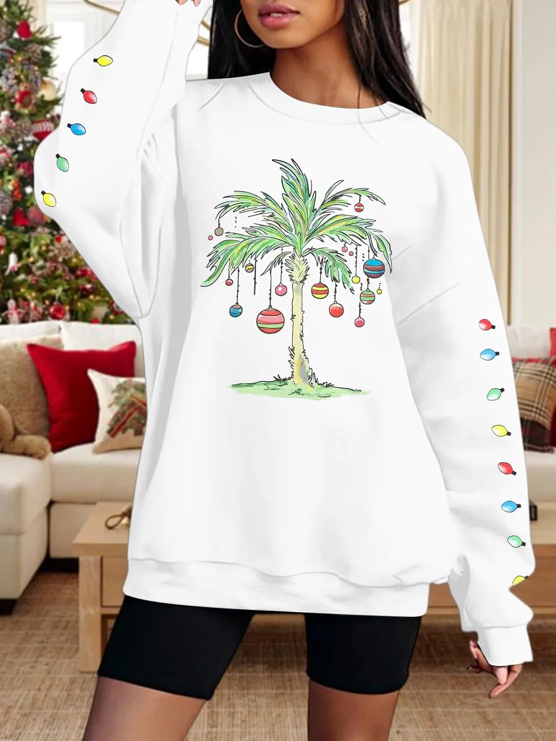 FAYALEQ Christmas Oversized Sweatshirts Women Christmas Palm tree Long Sleeve Shirt Xmas Beach Tropical Crewneck pullover