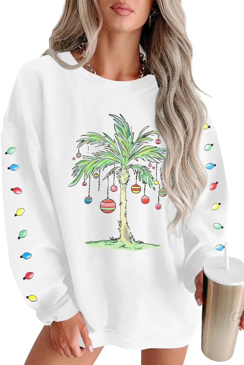 FAYALEQ Christmas Oversized Sweatshirts Women Christmas Palm tree Long Sleeve Shirt Xmas Beach Tropical Crewneck pullover