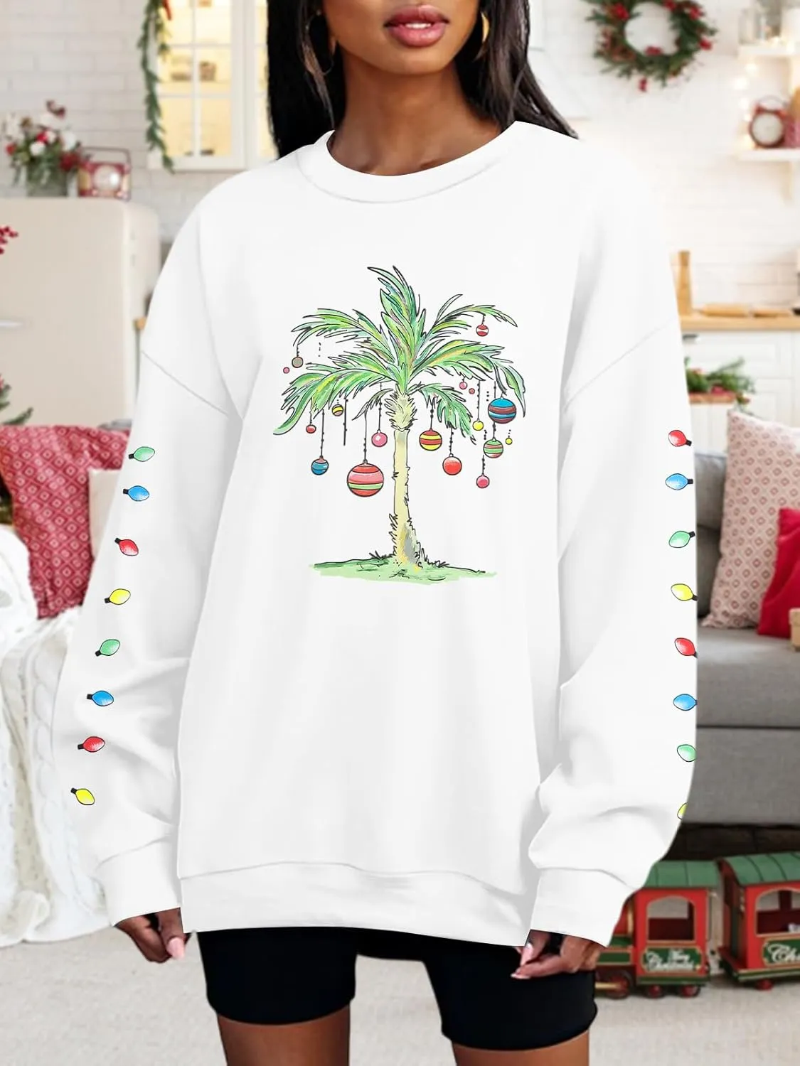 FAYALEQ Christmas Oversized Sweatshirts Women Christmas Palm tree Long Sleeve Shirt Xmas Beach Tropical Crewneck pullover