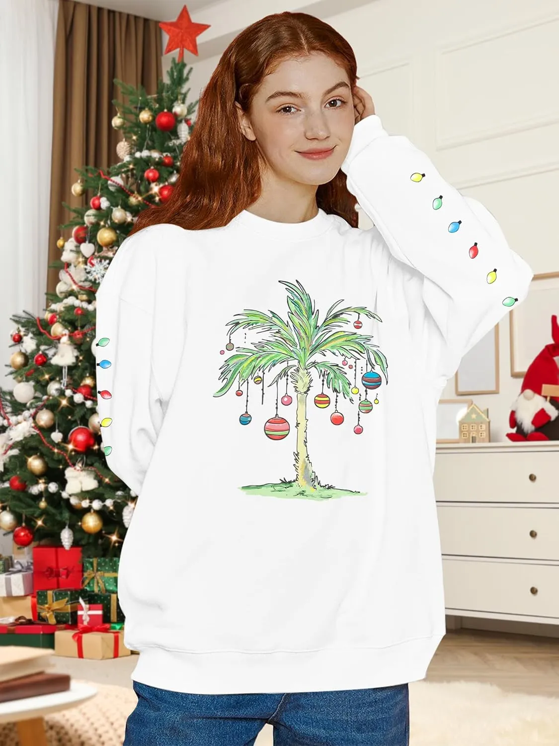 FAYALEQ Christmas Oversized Sweatshirts Women Christmas Palm tree Long Sleeve Shirt Xmas Beach Tropical Crewneck pullover