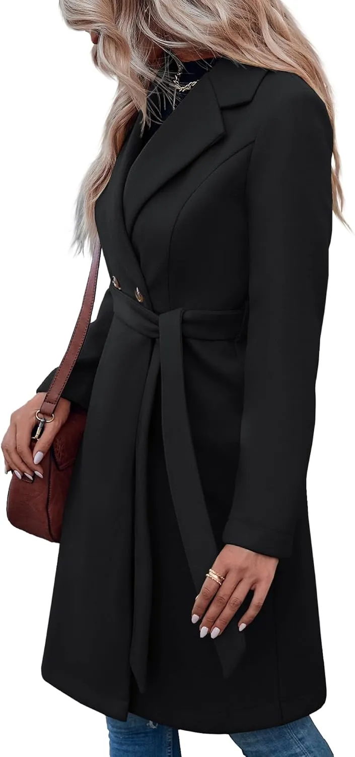 Fazortev Womens Pea Trench Coats Notched Lapel Double Breasted Belted Business Casual Jackets Outerwear