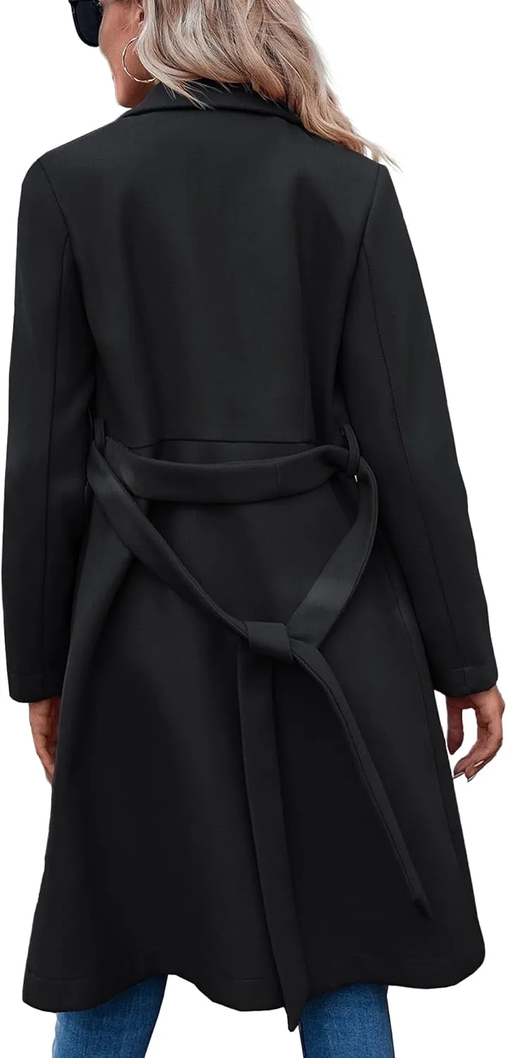 Fazortev Womens Pea Trench Coats Notched Lapel Double Breasted Belted Business Casual Jackets Outerwear