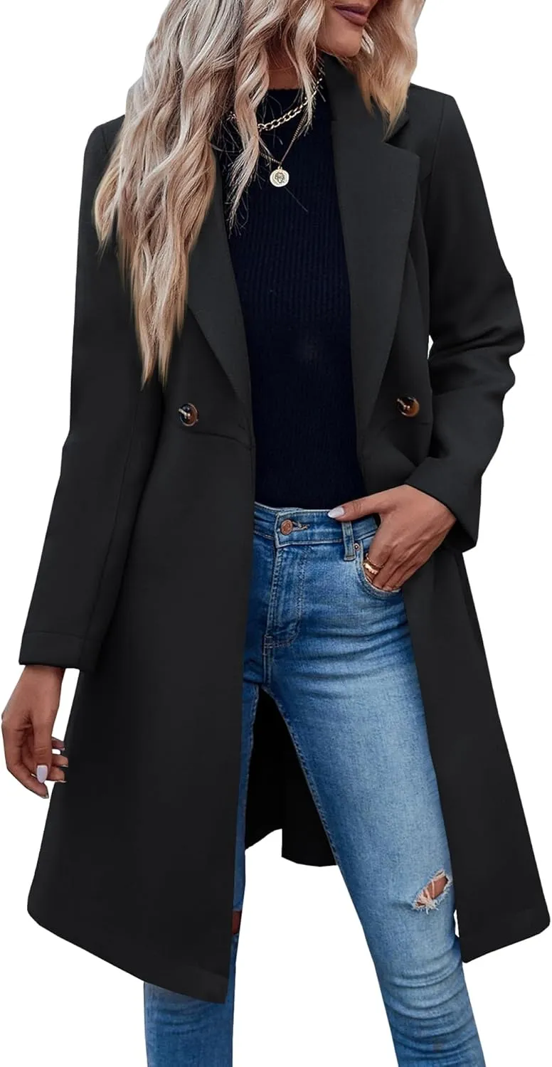 Fazortev Womens Pea Trench Coats Notched Lapel Double Breasted Belted Business Casual Jackets Outerwear