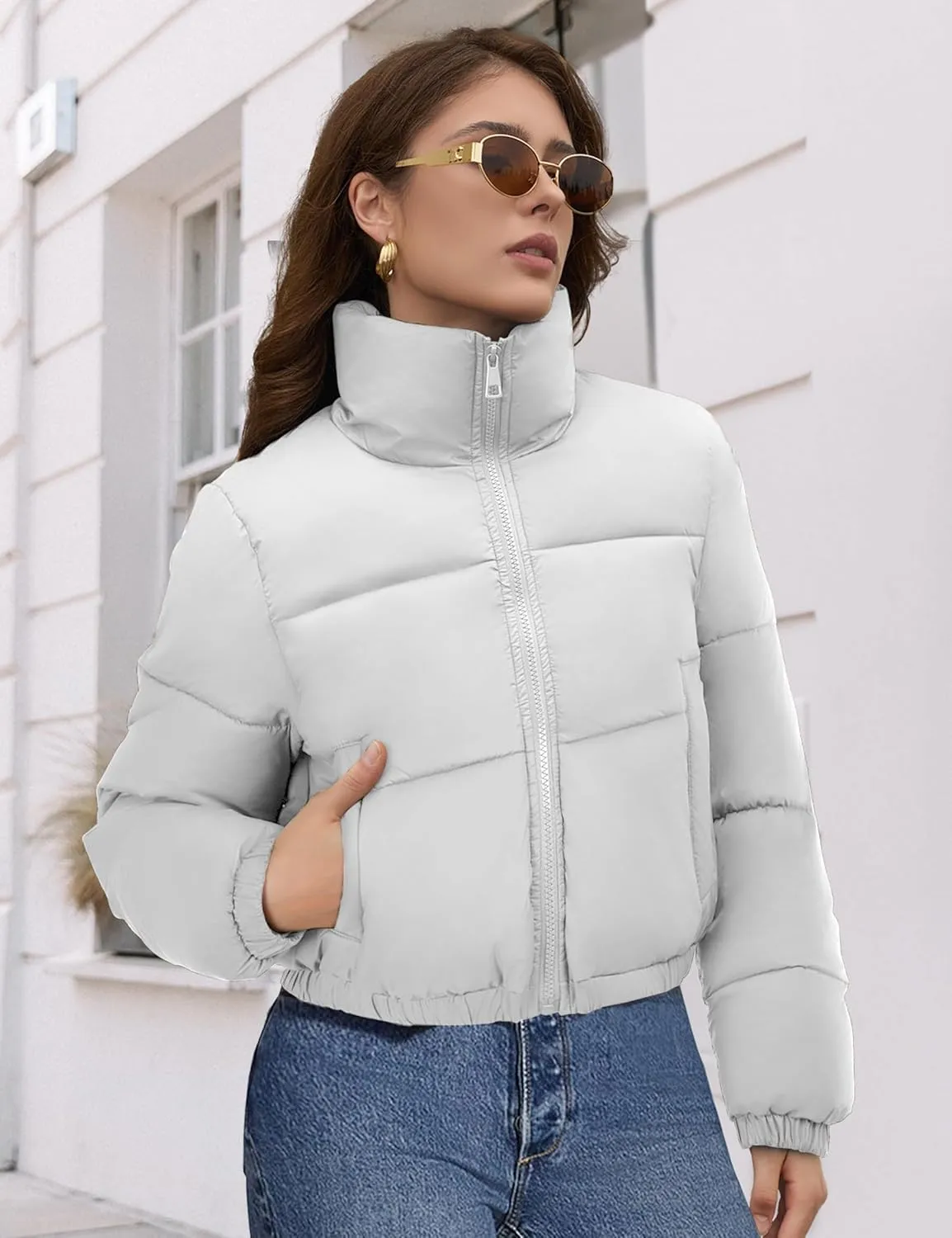 Fengbay Womens Puffer Jacket Long Sleeve Zip Cropped Jacket Short Lightweight Outwear Womens Winter Coats With Pockets
