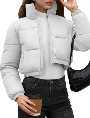 Fengbay Womens Puffer Jacket Long Sleeve Zip Cropped Jacket Short Lightweight Outwear Womens Winter Coats With Pockets