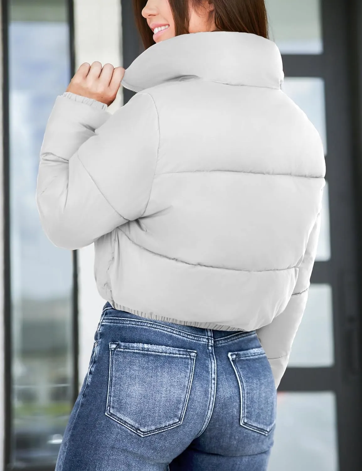 Fengbay Womens Puffer Jacket Long Sleeve Zip Cropped Jacket Short Lightweight Outwear Womens Winter Coats With Pockets