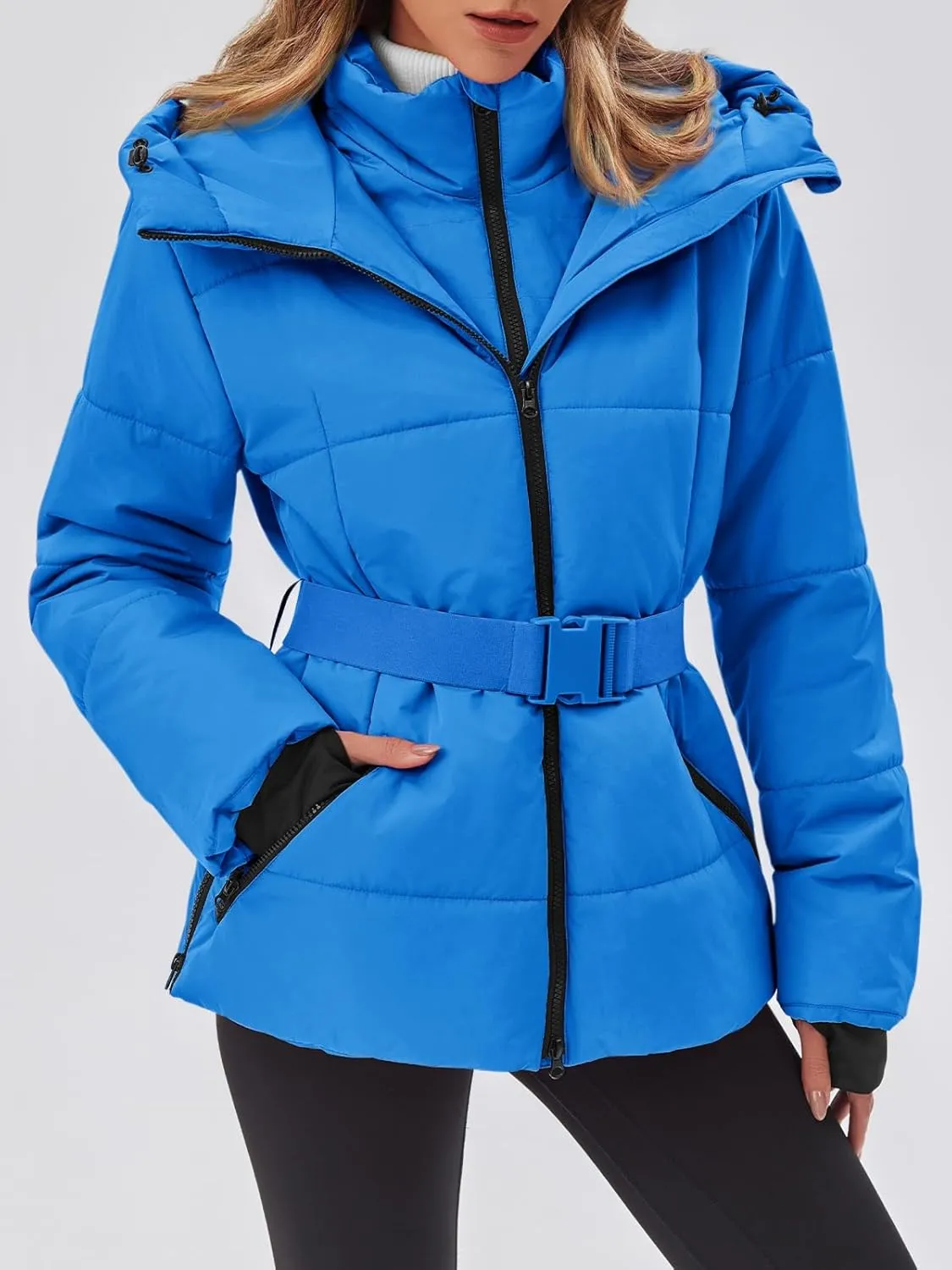 Fisoew Womens Ski Jacket Warm Hooded Windproof Waterproof Quilted Puffy Snow Winter Coat with Belt