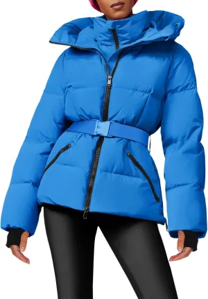 Fisoew Womens Ski Jacket Warm Hooded Windproof Waterproof Quilted Puffy Snow Winter Coat with Belt