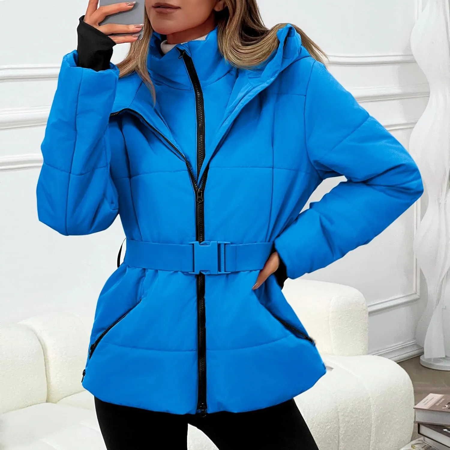 Fisoew Womens Ski Jacket Warm Hooded Windproof Waterproof Quilted Puffy Snow Winter Coat with Belt