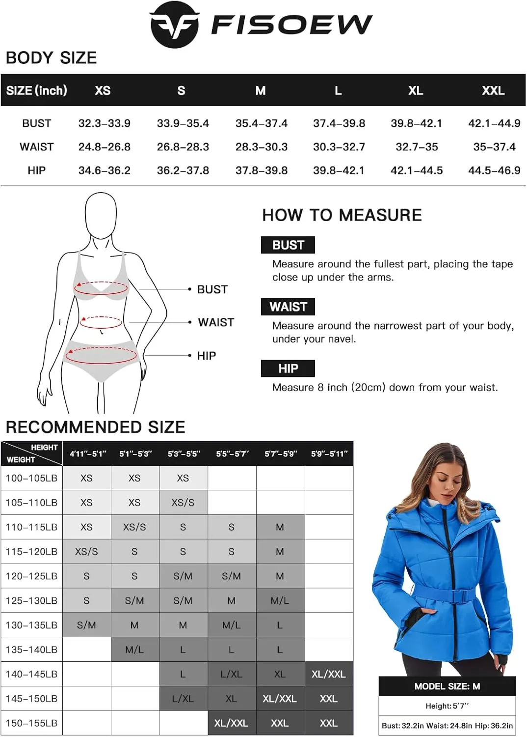 Fisoew Womens Ski Jacket Warm Hooded Windproof Waterproof Quilted Puffy Snow Winter Coat with Belt
