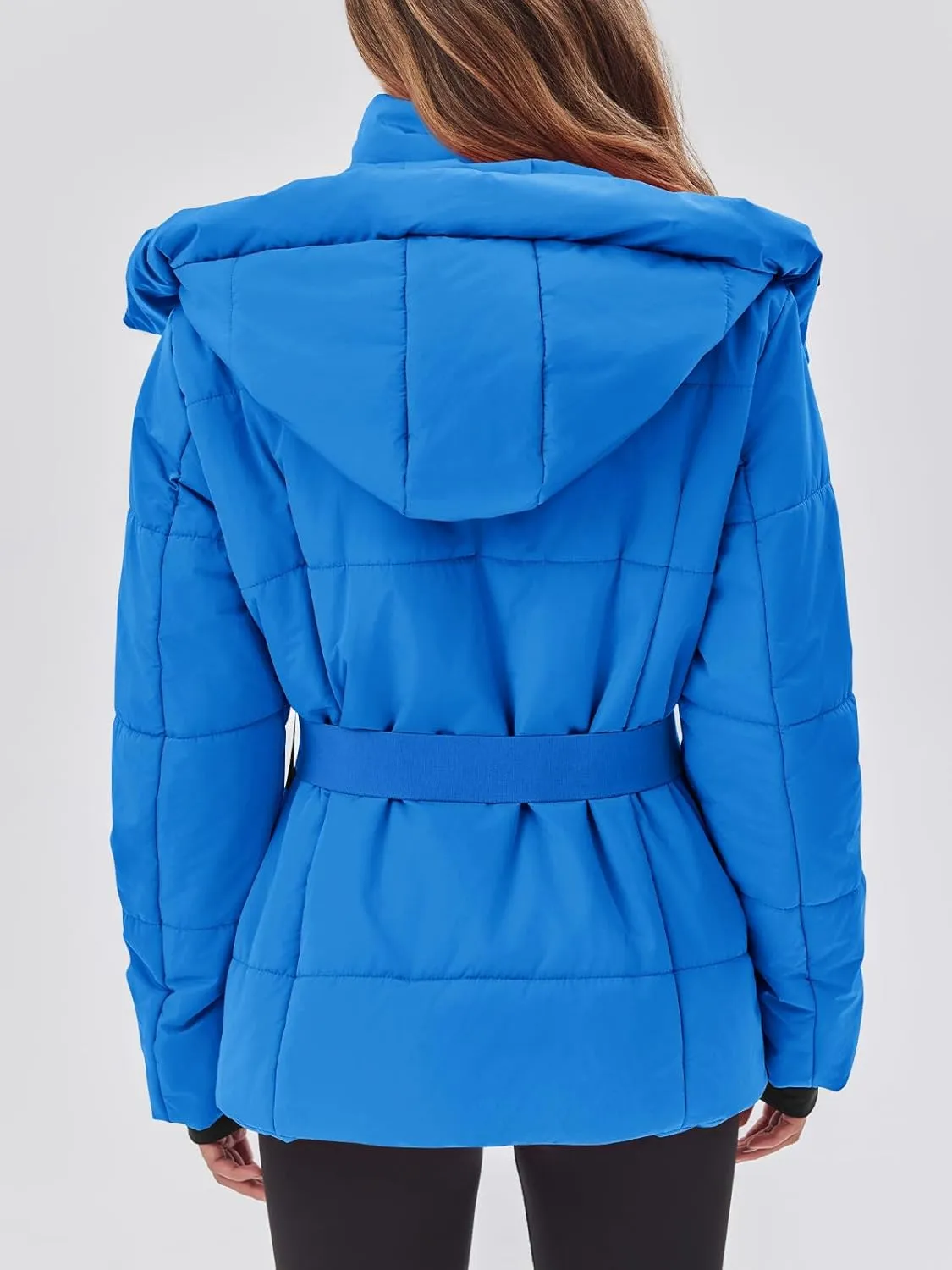 Fisoew Womens Ski Jacket Warm Hooded Windproof Waterproof Quilted Puffy Snow Winter Coat with Belt
