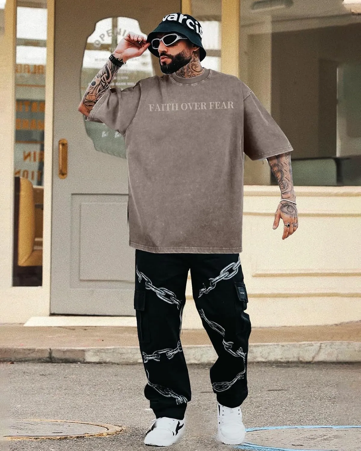 Flafens Oversized Tshirts for Men - Graphic T Shirt Tees Crewneck Short Sleeve Loose Top Over Sized Pattern Print Tops