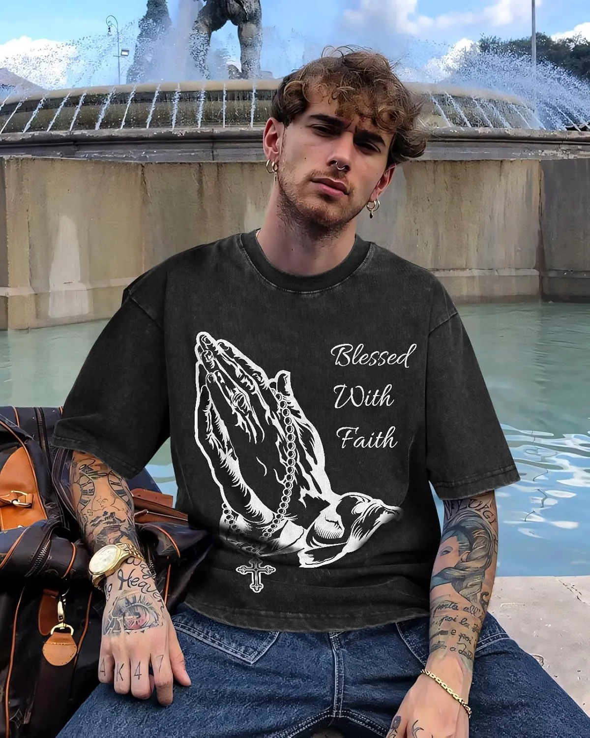 Flafens Oversized Tshirts for Men - Graphic T Shirt Tees Crewneck Short Sleeve Loose Top Over Sized Pattern Print Tops