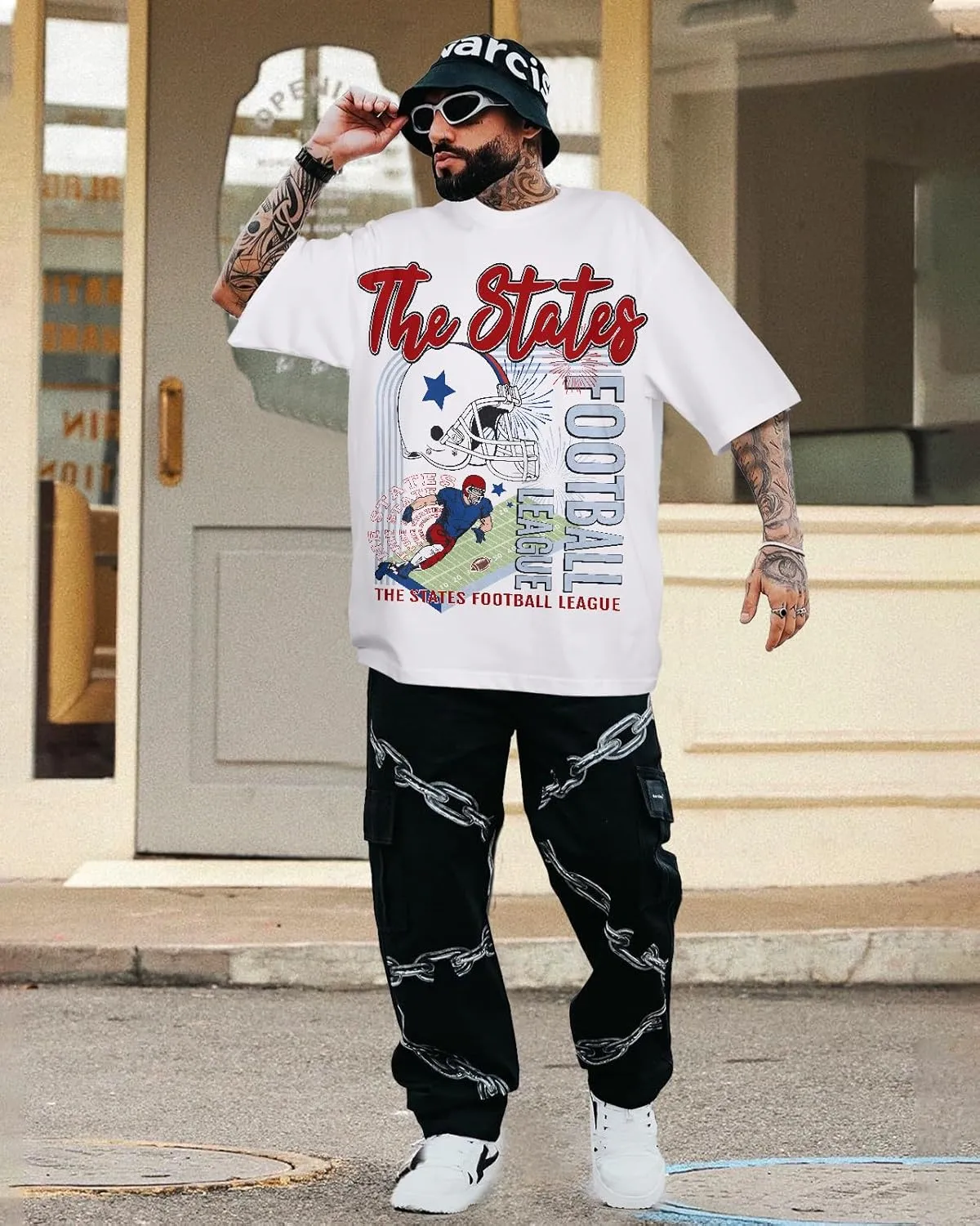Flafens Oversized Tshirts for Men - Graphic T Shirt Tees Crewneck Short Sleeve Loose Top Over Sized Pattern Print Tops
