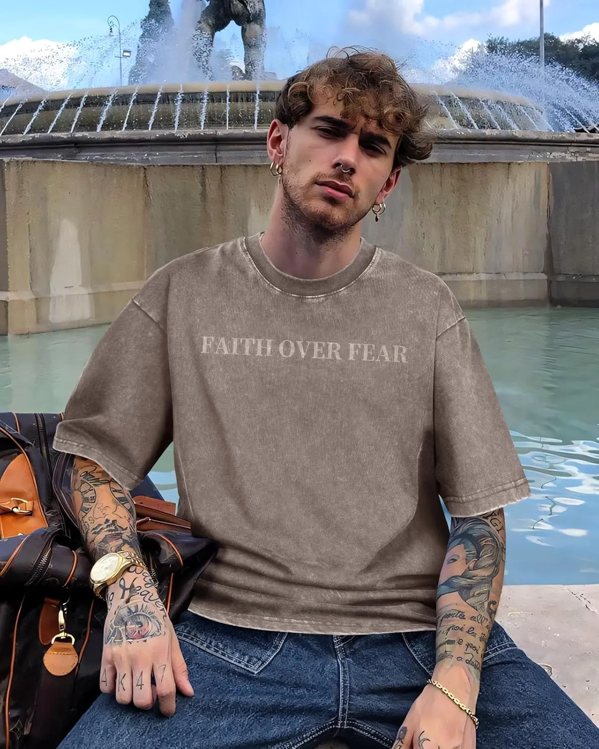 Flafens Oversized Tshirts for Men - Graphic T Shirt Tees Crewneck Short Sleeve Loose Top Over Sized Pattern Print Tops