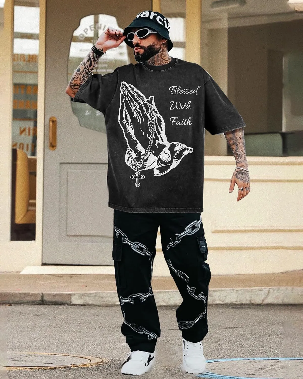 Flafens Oversized Tshirts for Men - Graphic T Shirt Tees Crewneck Short Sleeve Loose Top Over Sized Pattern Print Tops
