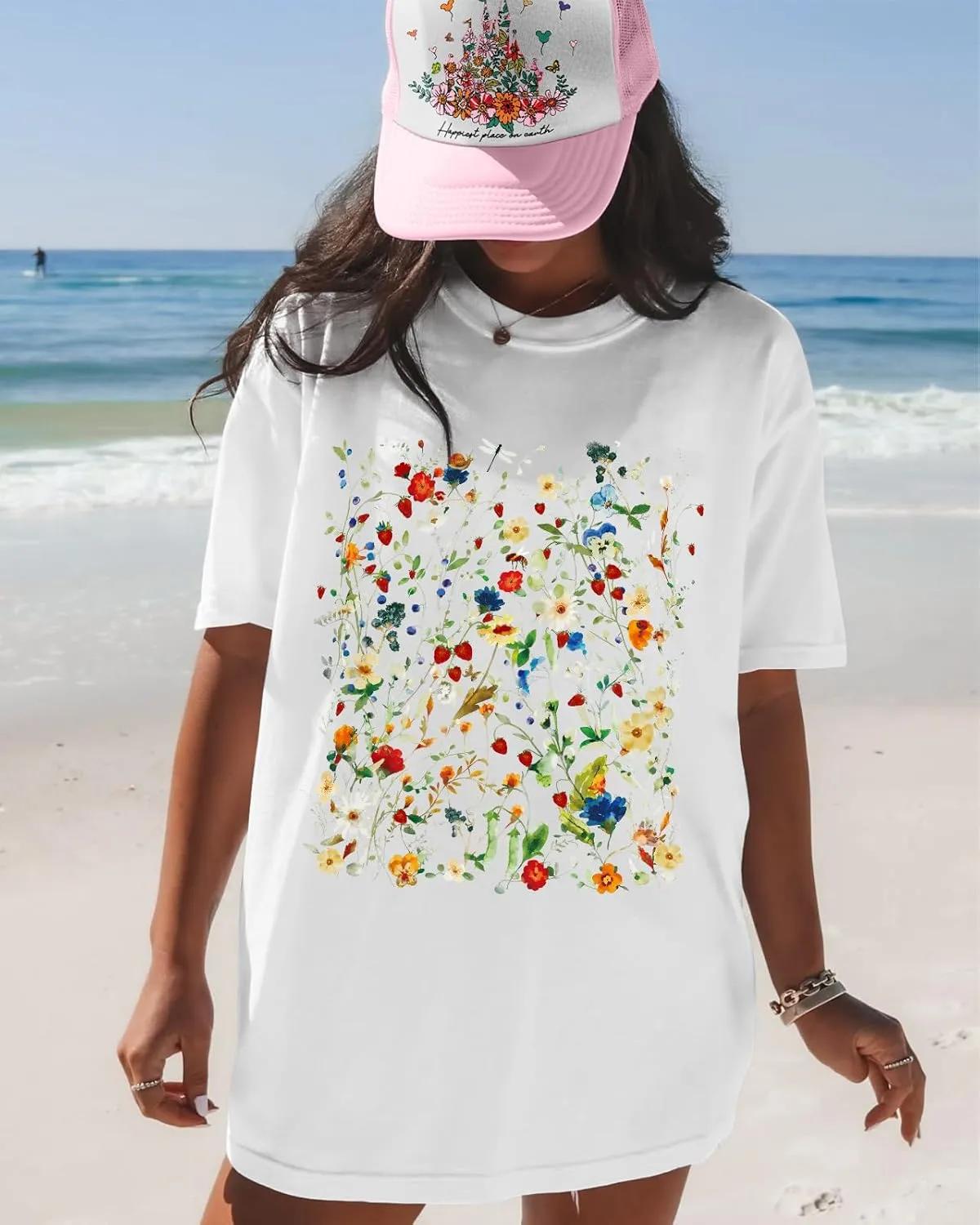 Flafens Oversized Tshirts for Women - Graphic T Shirt Loose Tees Crewneck Sleeve Top Cute Fashion Summer Pattern Print Tops